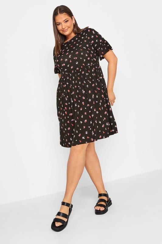 YOURS Curve Plus Size Black & Pink Ditsy Floral Print Smock Tunic Dress | Yours Clothing  2