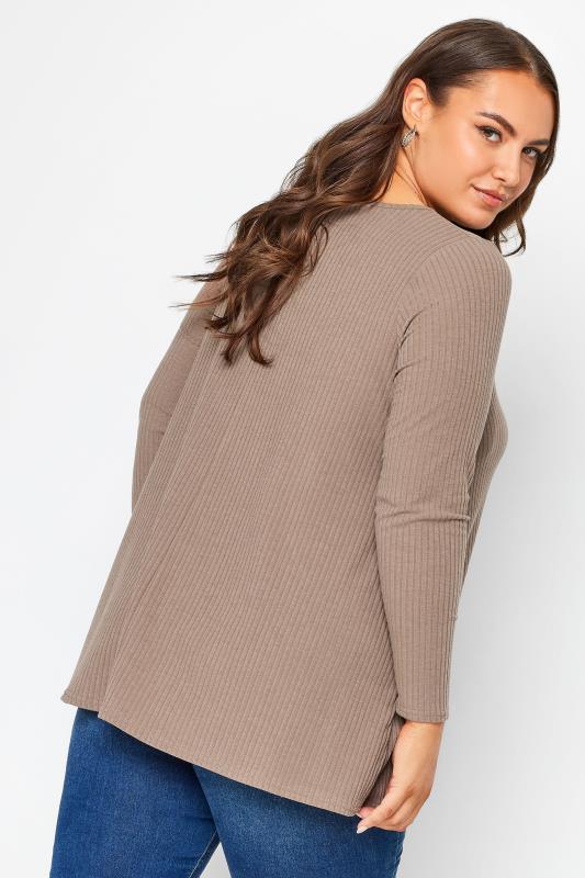 YOURS Plus Size Mocha Brown Ribbed Long Sleeve Swing Top | Yours Clothing 3
