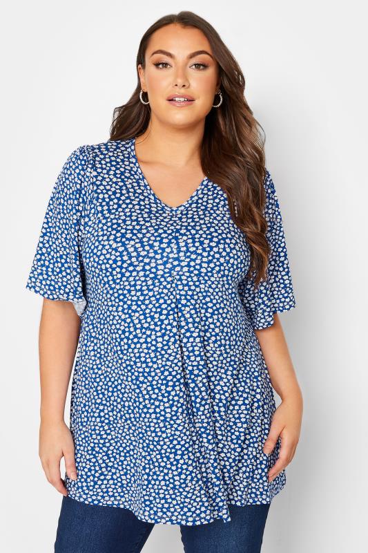 Plus Size Blue Floral Pleat Front Top | Yours Clothing 1