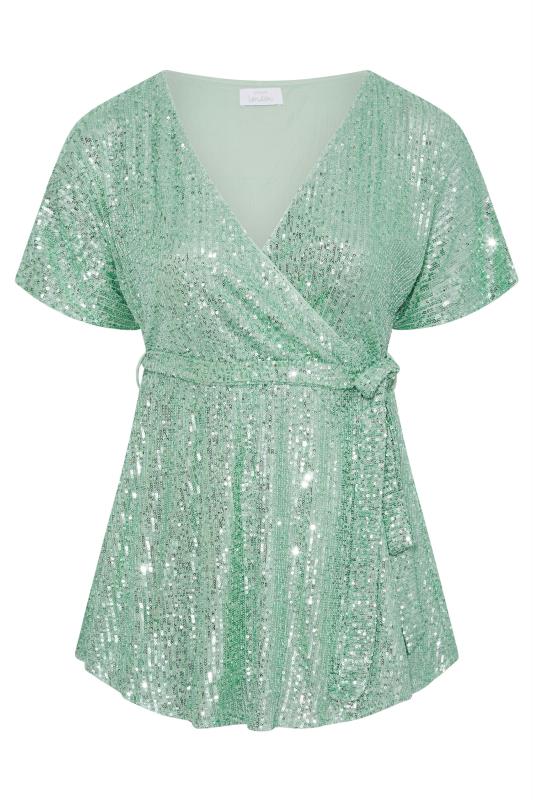 YOURS LONDON Plus Size Green Sequin Embellished Wrap Top | Yours Clothing 6
