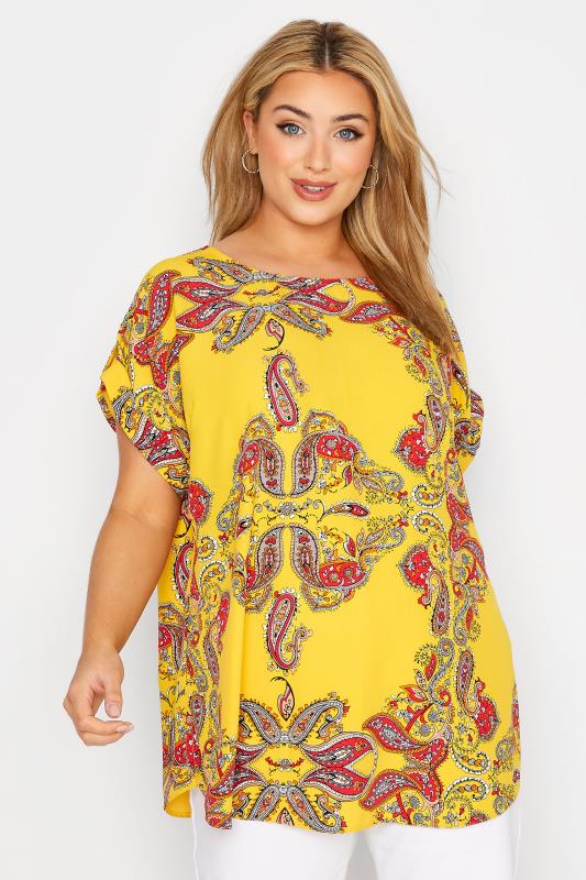 Plus Size Yellow Paisley Print Short Sleeve Top | Yours Clothing  1