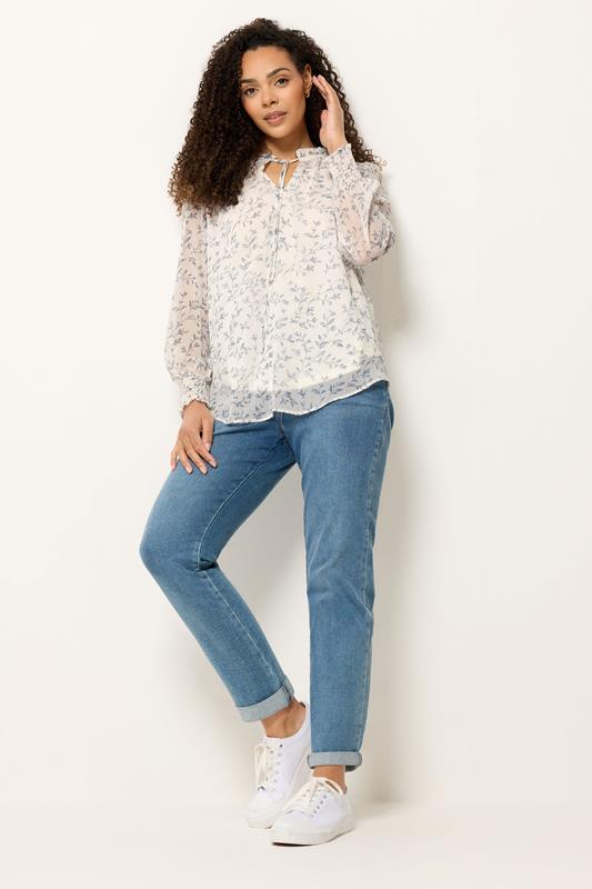 M&Co White & Blue Leaf Print Tie Neck Blouse | M&Co 1
