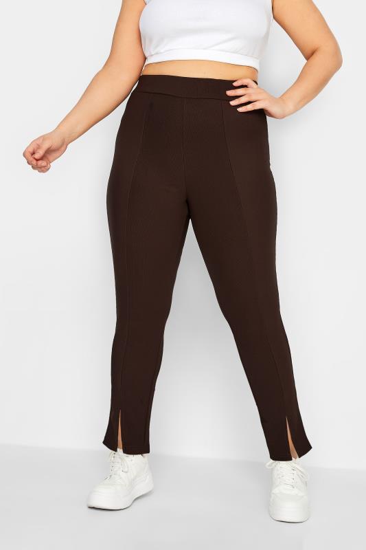 Plus Size Chocolate Brown Ribbed Split Hem Leggings | Yours Clothing  1
