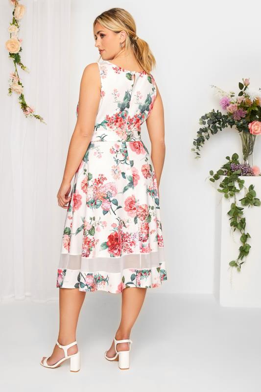 YOURS LONDON Curve Plus Size White & Pink Mesh Floral Skater Dress | Yours Clothing  3