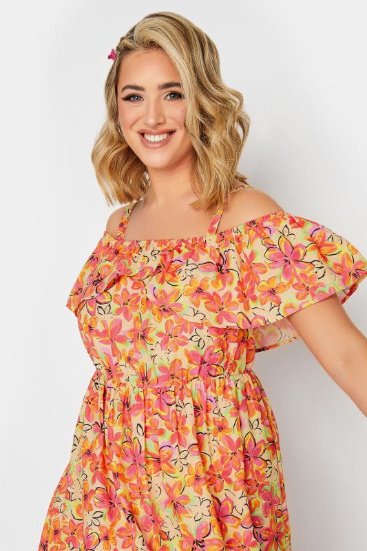 LIMITED COLLECTION Plus Size Orange Floral Frill Cold Shoulder Midi Dress | Yours Clothing 6