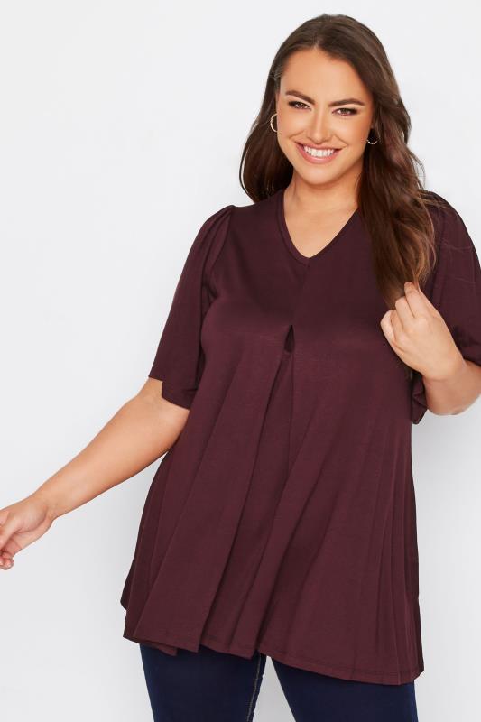 Plus Size Berry Red Pleat Angel Sleeve Swing Top | Yours Clothing 1
