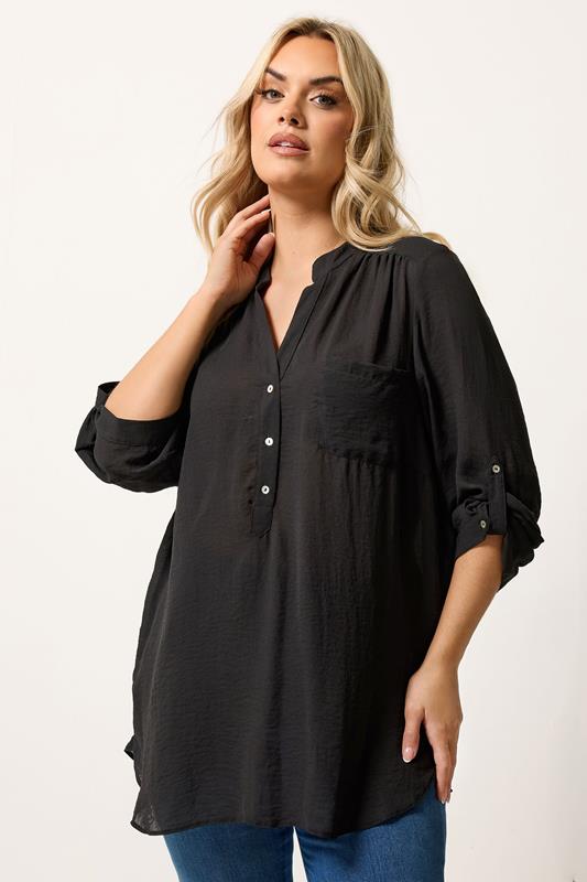  YOURS Chemise noire à demi-patte de boutonnage 