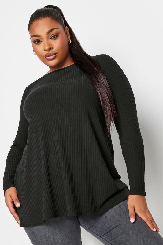 YOURS Plus Size Black Long Sleeve Ribbed Swing Top | Yours Clothing 1