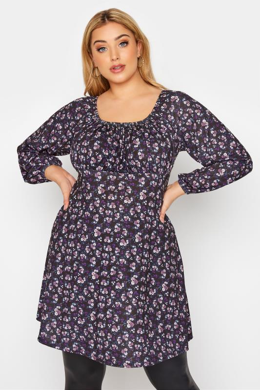  YOURS LONDON Black Ditsy Milkmaid Tunic