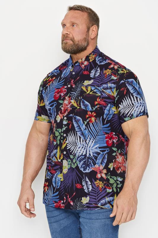  D555 Big & Tall Black & Blue Hawaiian Print Short Sleeve Shirt