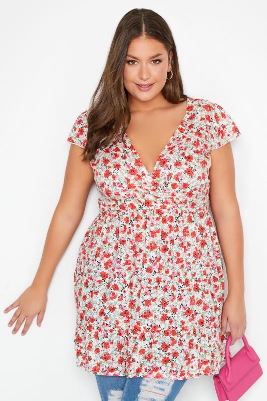 Plus Size White Floral Print Frill Wrap Tunic Top | Yours Clothing  1