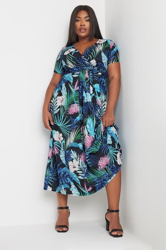 YOURS Plus Size Black Leaf Print Woven Wrap Maxi Dress | Yours Clothing 1