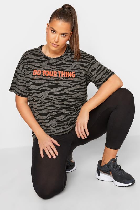 YOURS Curve ACTIVE Grey & Black Zebra Print 'Do Your Thing' Slogan T-Shirt 2
