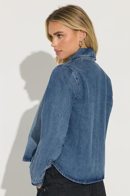 PixieGirl Petite Women's Blue Denim Tie Neck Cotton Shirt | PixieGirl 2