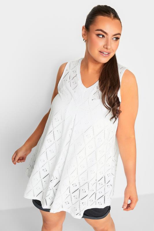YOURS Plus Size White Broderie Anglaise Pleated Vest Top | Yours Clothing 2