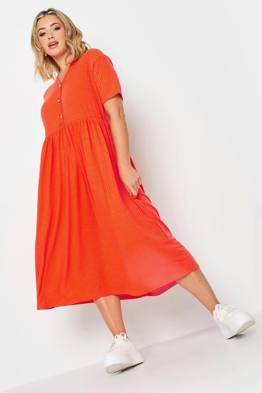 LIMITED COLLECTION Plus Size Orange Ribbed Peplum Midi Dress | Yours Clothing  1
