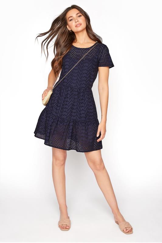 LTS Tall Navy Blue Broderie Anglaise Tiered Tunic Dress 1