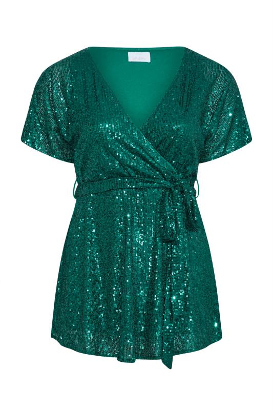 YOURS LONDON Plus Size Emerald Green Sequin Embellished Wrap Top | Yours Clothing 5