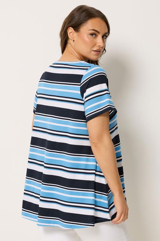 Yours Plus Size Blue Ribbed Stripe Swing T-Shirt | Yours Clothing 2