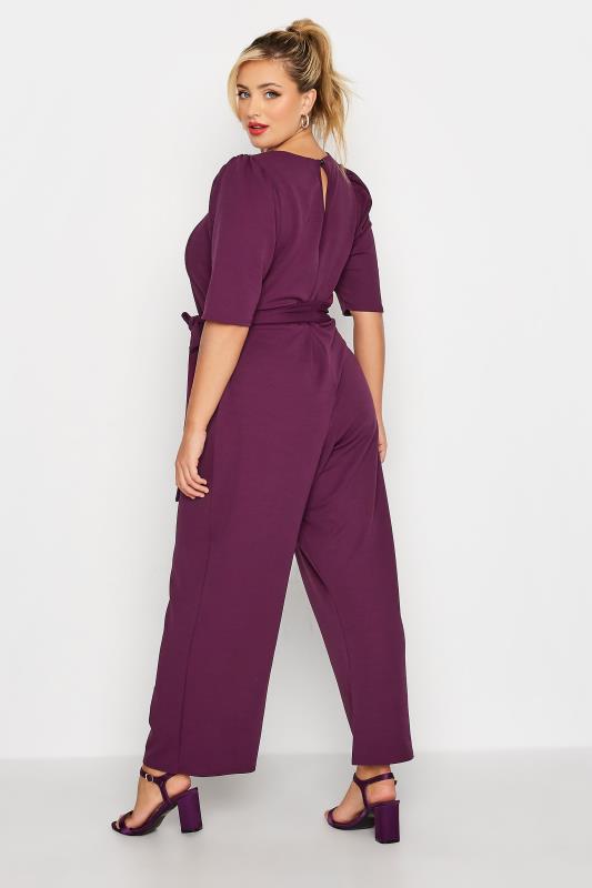 YOURS LONDON Plus Size Purple Notch Neck Tie Waist Stretch Jumpsuit | Yours Clothing 3