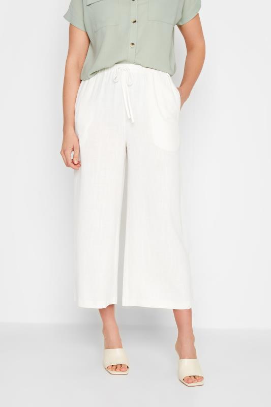 LTS Tall Women's White Wide Leg Cropped Linen Look Trousers | Long Tall Sally 1