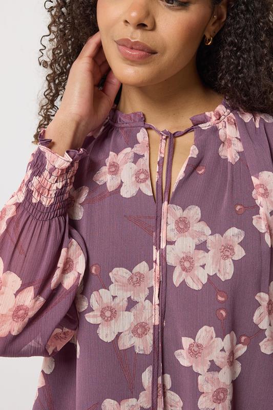 M&Co Purple Floral Tie Neck Blouse | M&Co 5