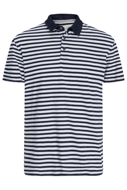 JACK & JONES Big & Tall Navy Blue & White Striped Linen Polo Shirt | BadRhino 2