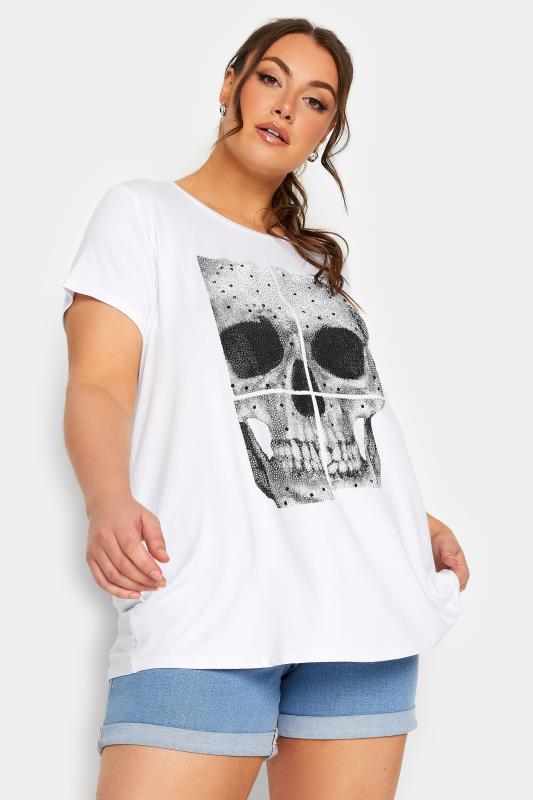 YOURS Curve Plus Size Skull Print Studded T-Shirt | Yours Clothing  1