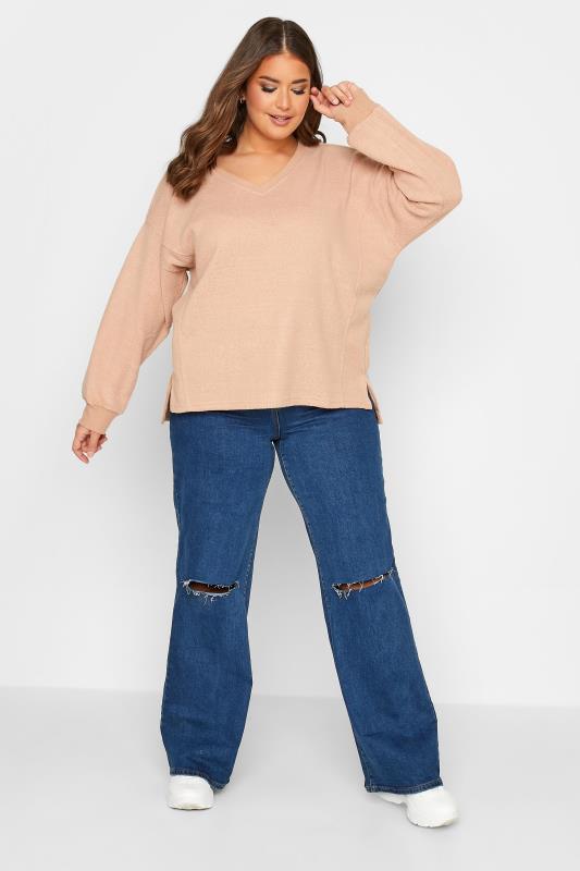 Plus Size Beige Brown V-Neck Soft Touch Fleece Sweatshirt | Yours Clothing 2