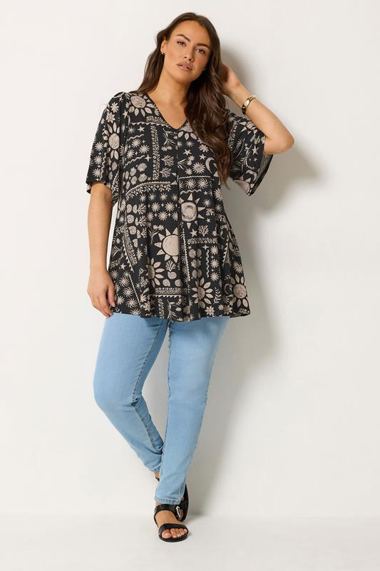 YOURS Plus Size Black Mixed Summer Print Pleat Front Angel Sleeve Top 1