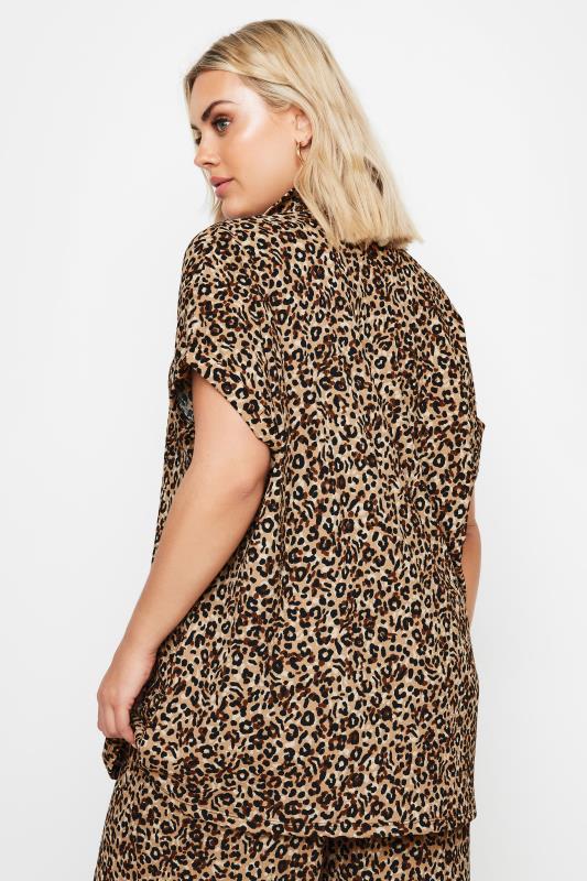 YOURS Plus Size Brown Leopard Print Crinkle Short Sleeve Shirt | Yours Clothing 3