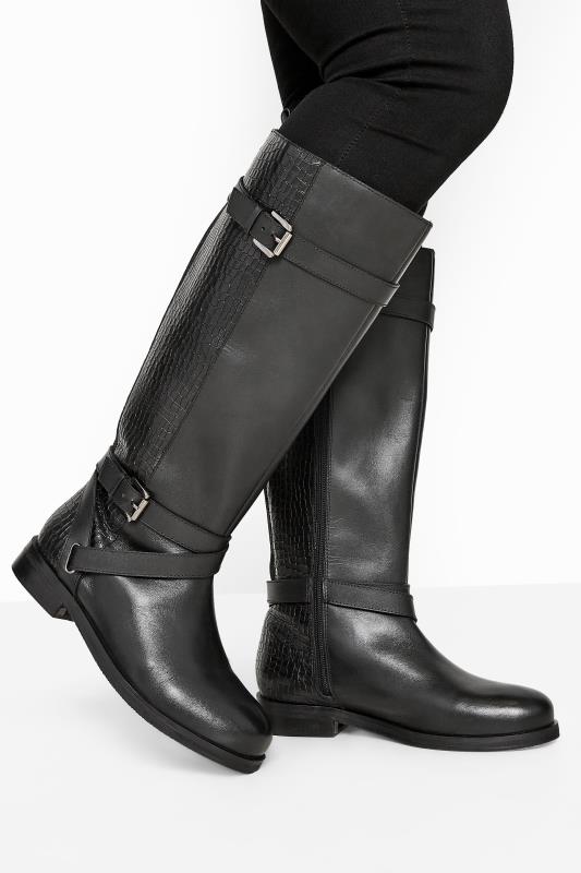 Black Leather Buckle Calf Knee High Riding Boots In Extra Wide EEE Fit 2