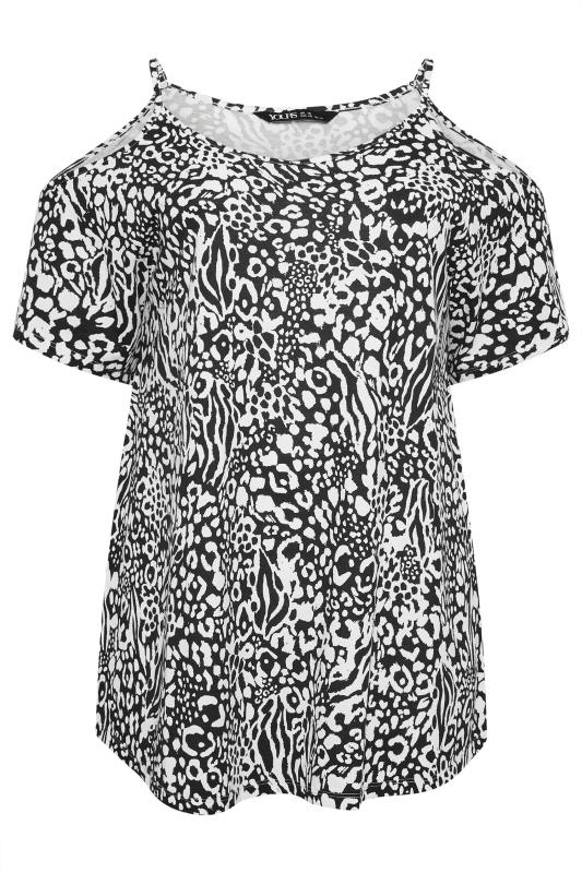 YOURS Plus Size Black & White Mixed Animal Print Cold Shoulder Top | Yours Clothing 5