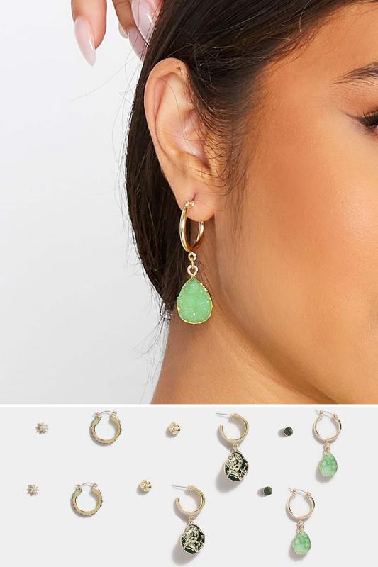 6 PACK Gold Tone Stone Stud & Hoop Earrings | Yours Clothing  1