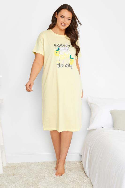 YOURS Curve Plus Size Pastel Yellow 'Squeeze The Day' Slogan  Lemonade Print Night Dress 3
