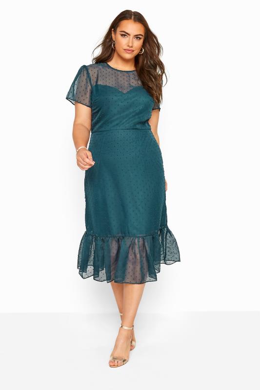 Casual / Every Day Grande Taille CHI CHI Teal Blue Dobby Mesh Frill Hem Midi Dress