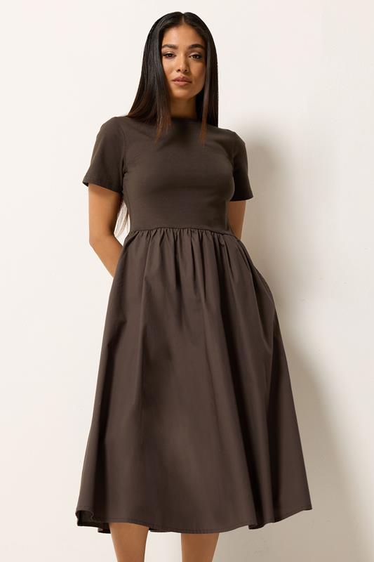 M&Co Petite Chocolate Brown Short Sleeve Cotton Midi Dress | M&Co 1