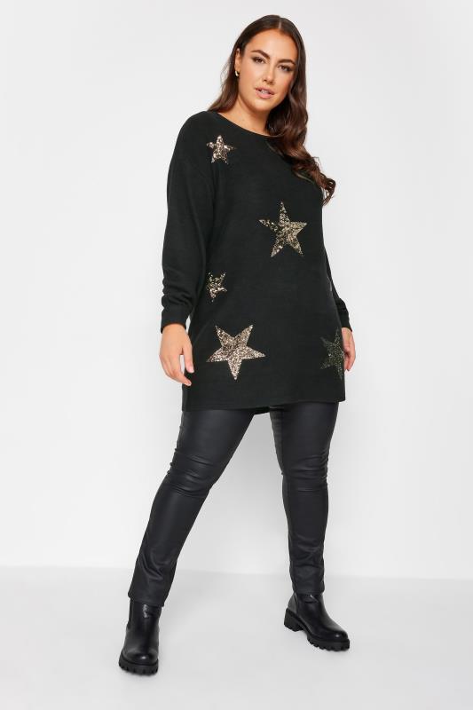 YOURS Plus Size Black Sequin Star Print Jumper | Yours Clothing 2