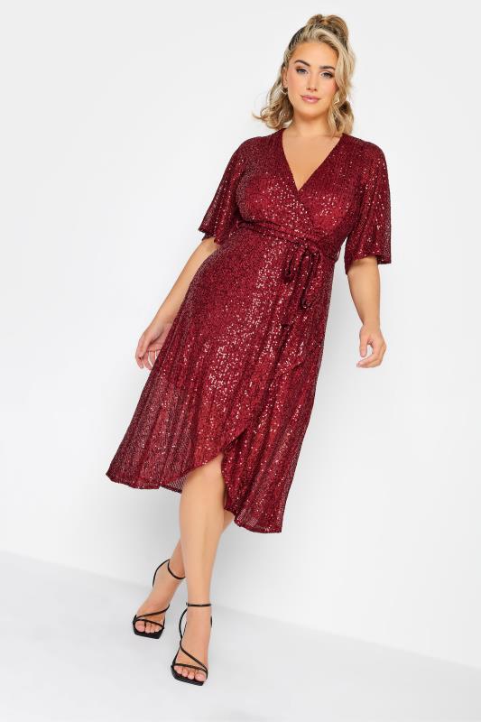 YOURS LONDON Plus Size Red Sequin Embellished Double Wrap Dress | Yours Clothing 1
