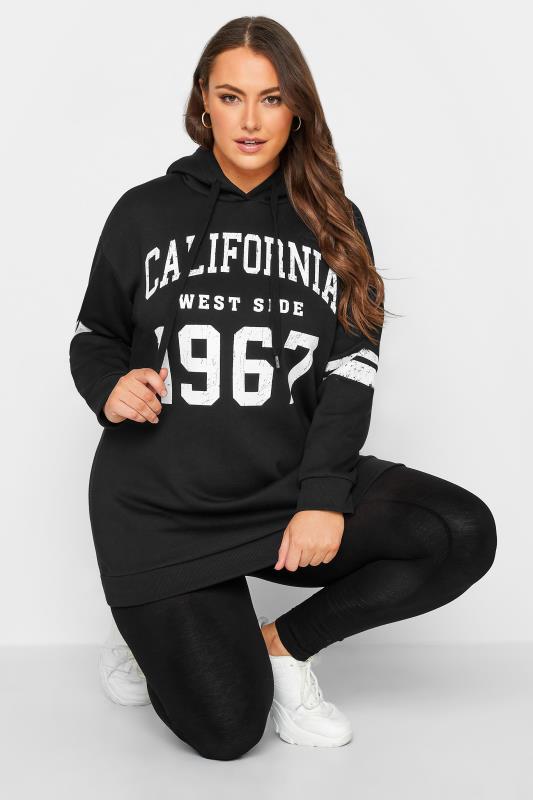 Curve Plus Size Black & White 'Calfornia West Side 1967' Slogan Varsity Hoodie | Yours Clothing 1