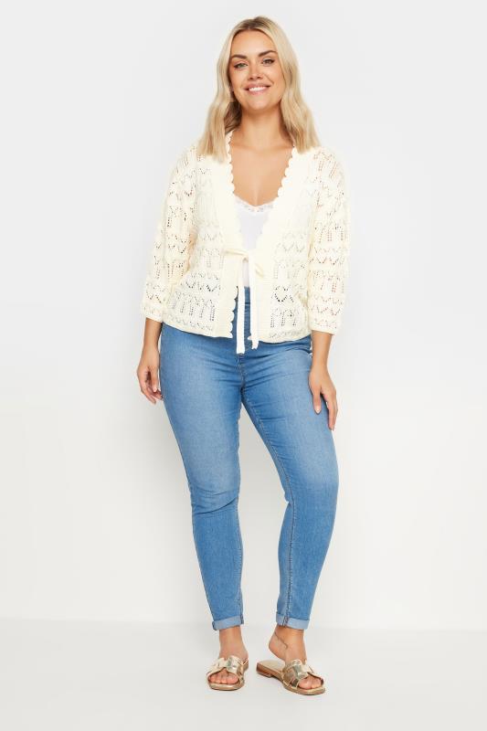 YOURS Plus Size Ivory White Crochet Tie Front Shrug | Yours Clothing 2