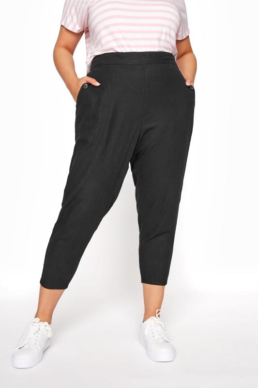 Linen Mix Trousers dla puszystych Black Linen Mix Cropped Trousers
