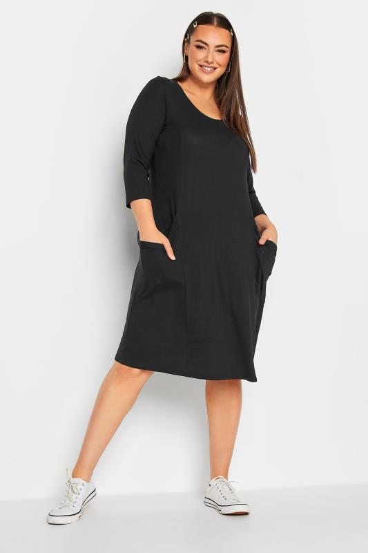 YOURS FOR GOOD Curve Black 3/4 Sleeve Drape Pocket Dress | Yours Clothing 1