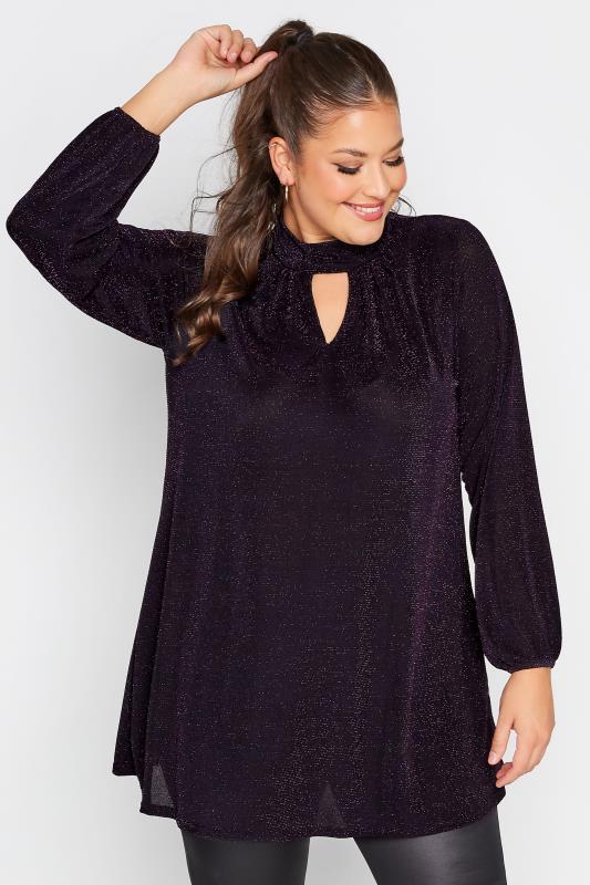 YOURS LONDON Plus Size Black & Purple Glitter Cut Out Swing Top | Yours Clothing 1