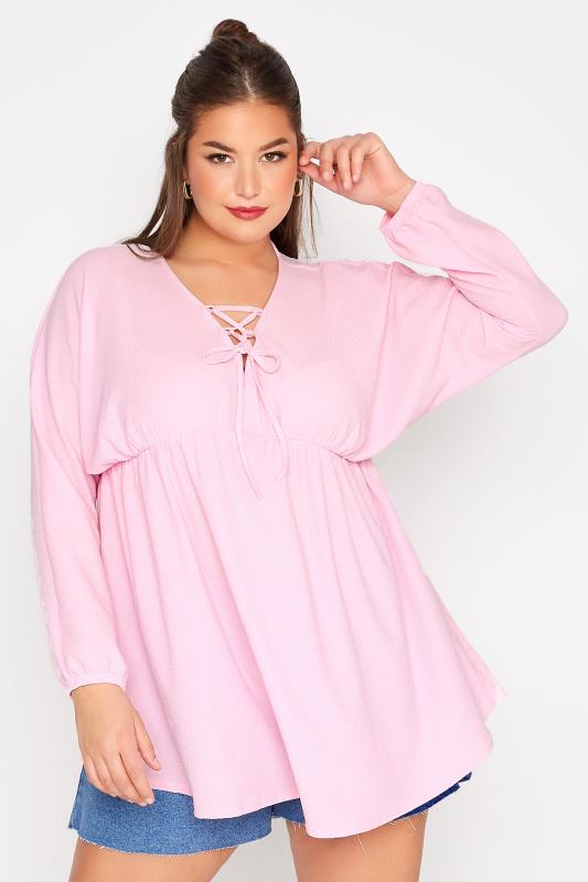 Plus Size  LIMITED COLLECTION Curve Pink Crinkle Lace Up Peplum Blouse