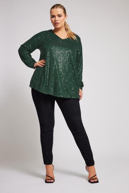 YOURS LONDON Plus Size Green Sequin V-Neck Top | Yours Clothing 2