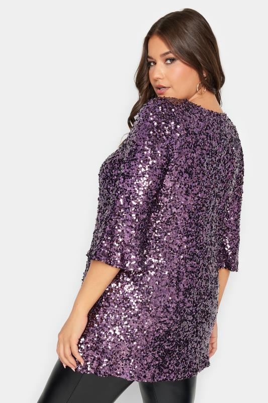 YOURS LONDON Plus Size Purple Sequin Flute Sleeve Top | Yours Clothing 3