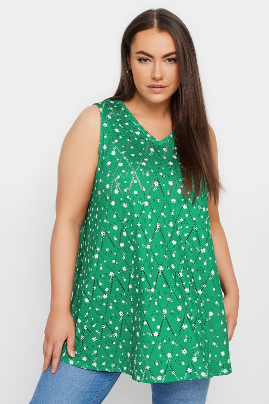 YOURS Plus Size Green Floral Print Broderie Anglaise Vest Top | Yours Clothing 1