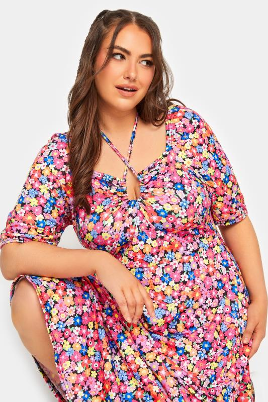 LIMITED COLLECTION Plus Size Black & Pink Floral Print Tie Front Maxi Dress | Yours Clothing 6