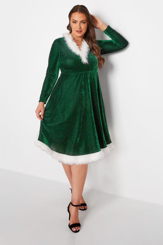 YOURS LONDON Curve Green Velvet Mrs Christmas Skater Dress 3